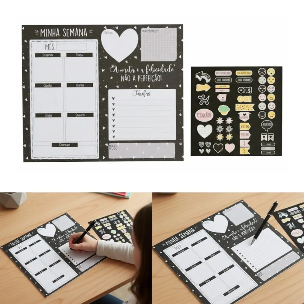 Planner Semanal de Mesa 25 Folhas Destacáveis + Cartela de Adesivos - Bloco Planner Semanal para Organização, Planejamento de Tarefas, Metas e Produtividade Trabalho Estudos Home Office - UpShop