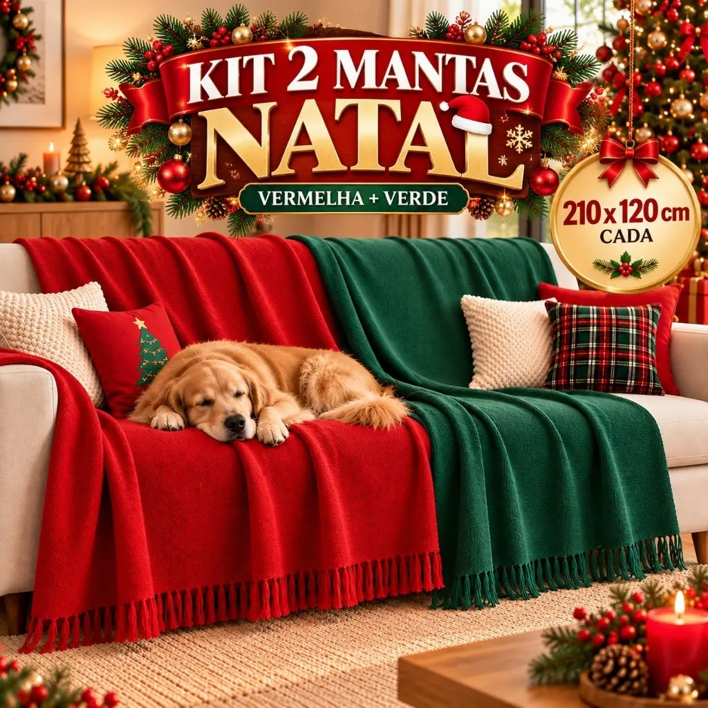 Manta de Natal 210x120 cm Gigante para Sofá e Cama Verde Vermelha Decorativa em Algodão Promocao Natalina