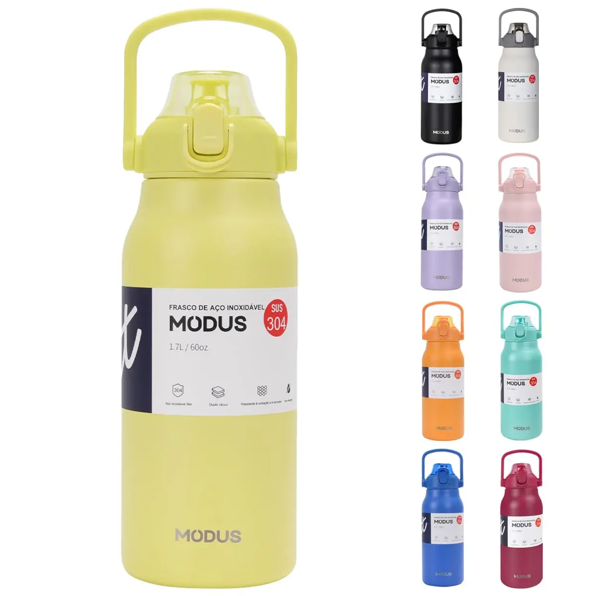 Garrafa Térmica De Viagem Inox 1700ml Água Com Canudo (Amarelo)