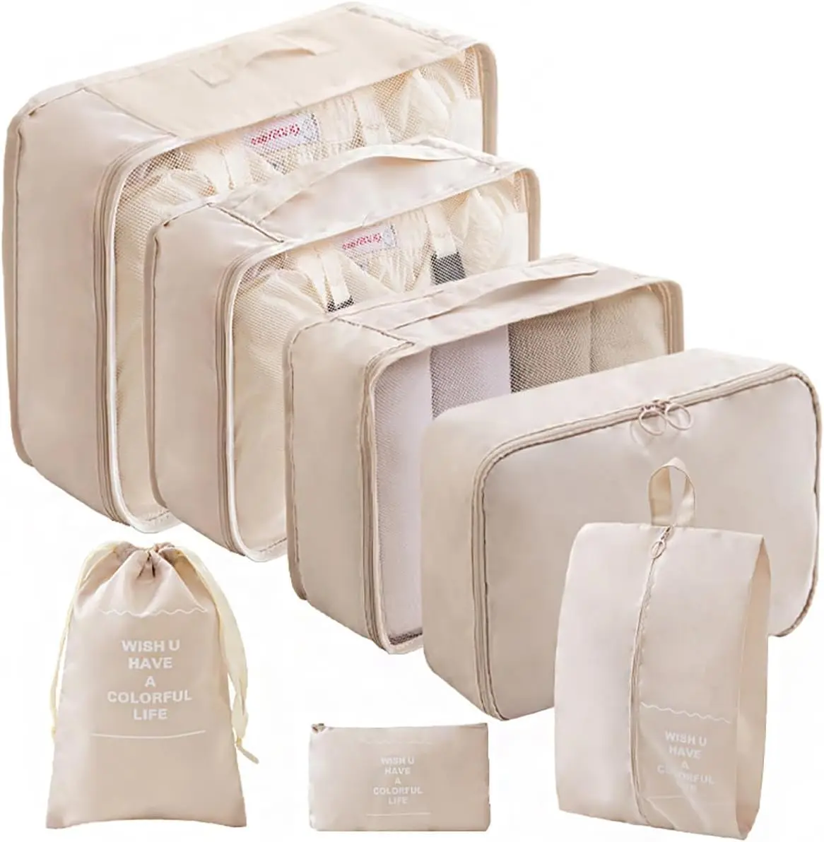 Necessaire Feminina Organizador de Malas para Viagem: KIT 7/10 de Organização - Inclui Bolsa Organizadora-Organizadores de Bagagem para Viagem (Bege-7 peças)