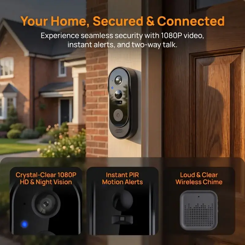 Campainha de Vídeo Inteligente Tuya WiFi 1080P HD, Câmera de Olho Mágico Externa, Intercomunicador de Áudio Bidirecional, Campainha de Segurança Residencial à Prova d'Água para Pea