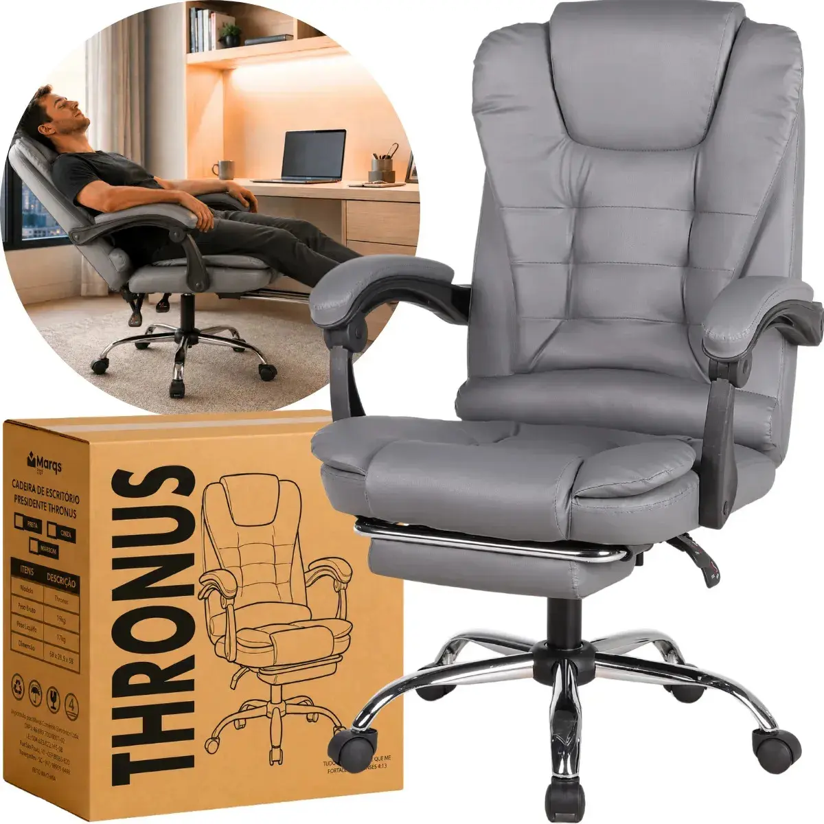 Cadeira de Escritório Presidente Ergonômica Marqs Home Thronus em Couro Sintético Cinza