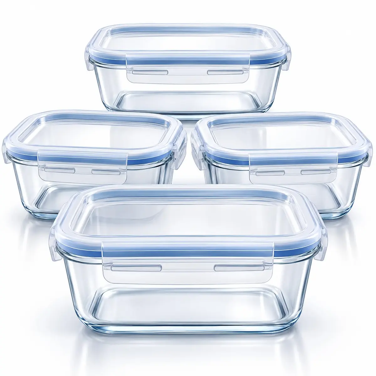 Kit Potes Herméticos de Vidro 640ml Retangular com Tampa Trava (4 unidades) | Marmita de Vidro Borossilicato, Recipiente Anti Vazamento, Resistente ao Calor, Freezer e Micro-ondas - 1