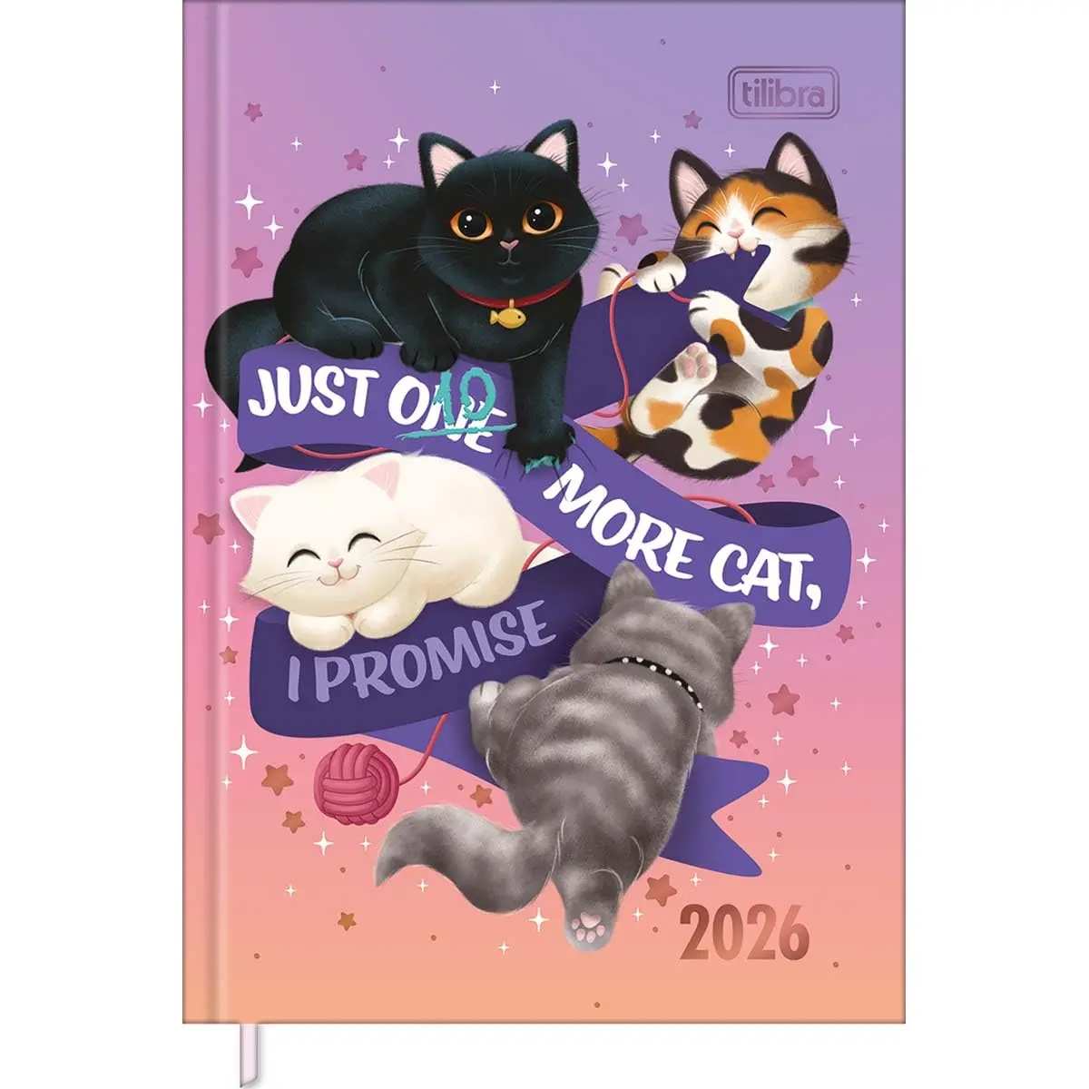 Tilibra - Agenda Costurada Petit 10,5 x 14,8 cm Purrfect Cats 2026 - Degradê Rosa e Laranja