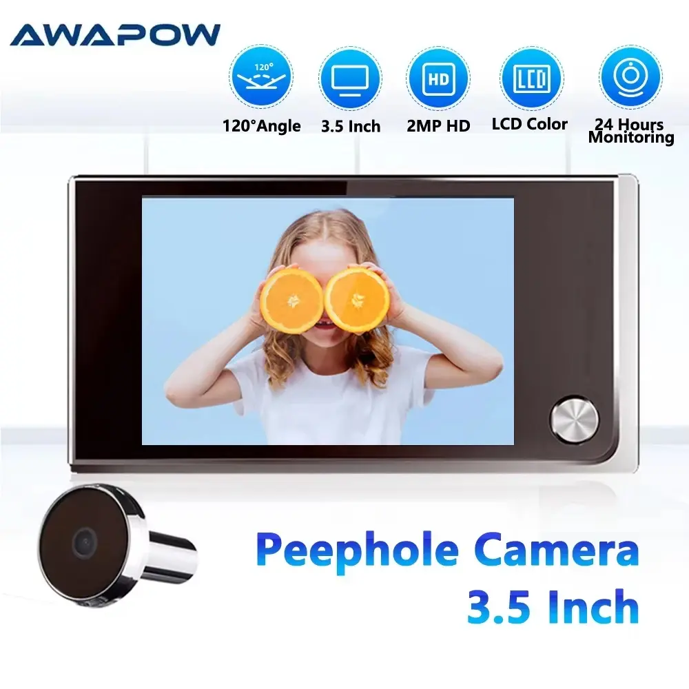Awapow Câmera olho mágico de porta sem fio Campainha digital de 3,5 polegadas 120 ° Monitor de tela LCD Segurança doméstica sem necessidade de WiFi