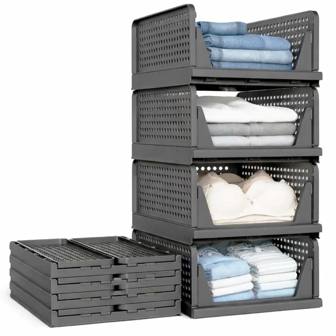 Kit com 4 Cesto Organizador de Roupas Empilhável, Cinza | Empilhável, Dobrável e Compacto, Design Ajustável para Guarda-Roupas, Puxar como Gaveta quando Empilhado