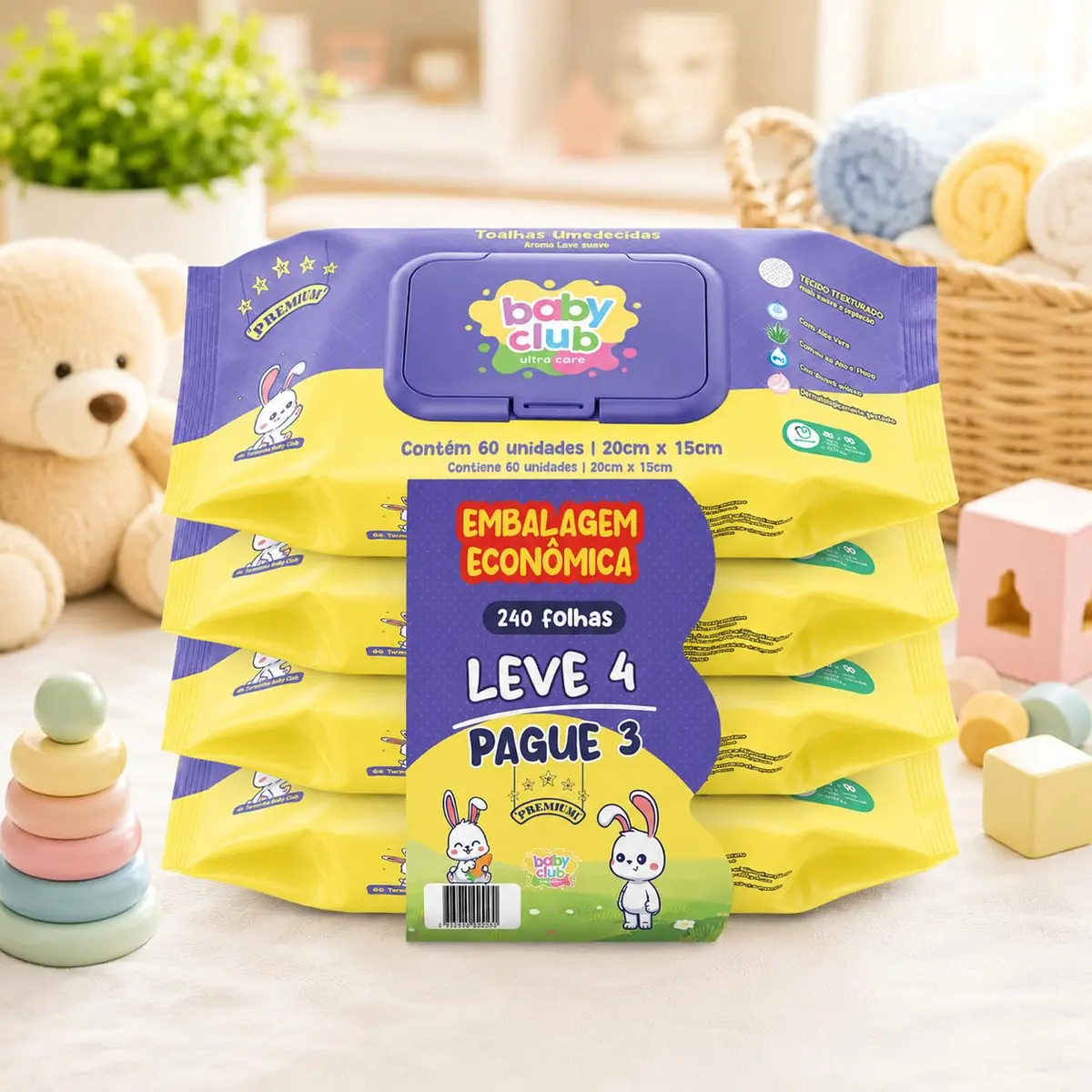 Lenço Umedecido Bebê Baby Club Premium 240 Unidades 4x60 Hipoalergênico - 1