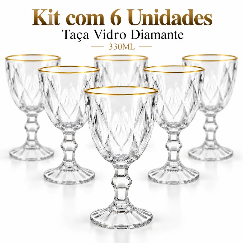Kit 6 Taça de Vidro Diamante 330ml Facetada Vinho Elegante
