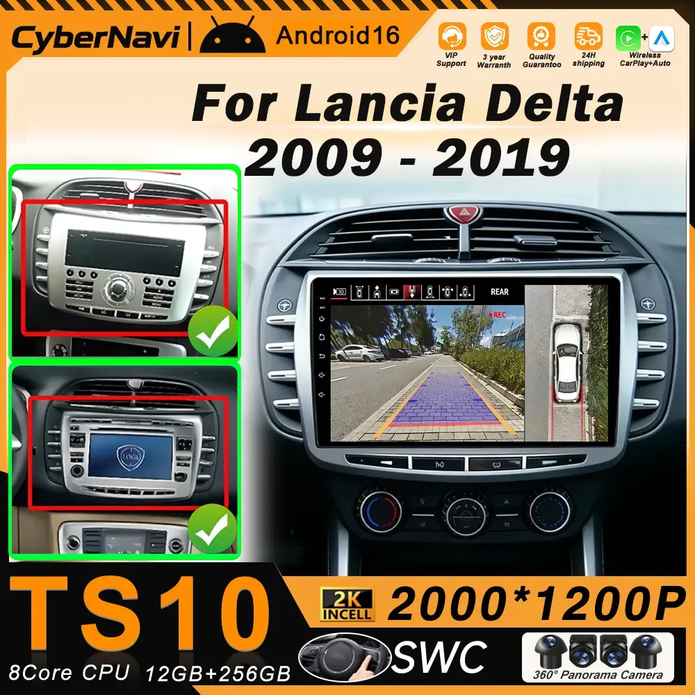 Rádio Automotivo Android 16 com Carplay para Lancia Delta 2009 - 2019, GPS, Navegação, Estéreo, Reprodutor Multimídia Automotivo, Wi-Fi 5G, Tela 2k, Bluetooth, DSP
