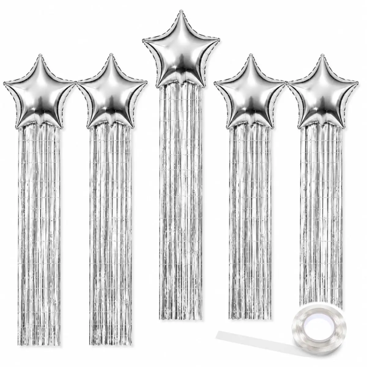Kit Cascata Estelar 5 Balões Estrela 18 Pol + Cortina 1x2m Prata | Kit Festa com Balões Estrela 18 Pol e Cortina Metalizada
