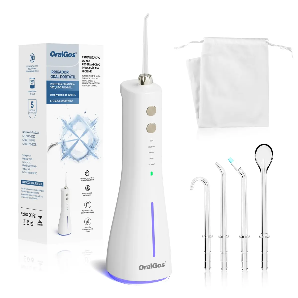 OralGos Irrigador Bucal Portátil, Esterilização UV, 300ML | 5 Modos de Limpeza, USB Recarregável, IPX7 À Prova D'Água, 4 Bicos Substituíveis