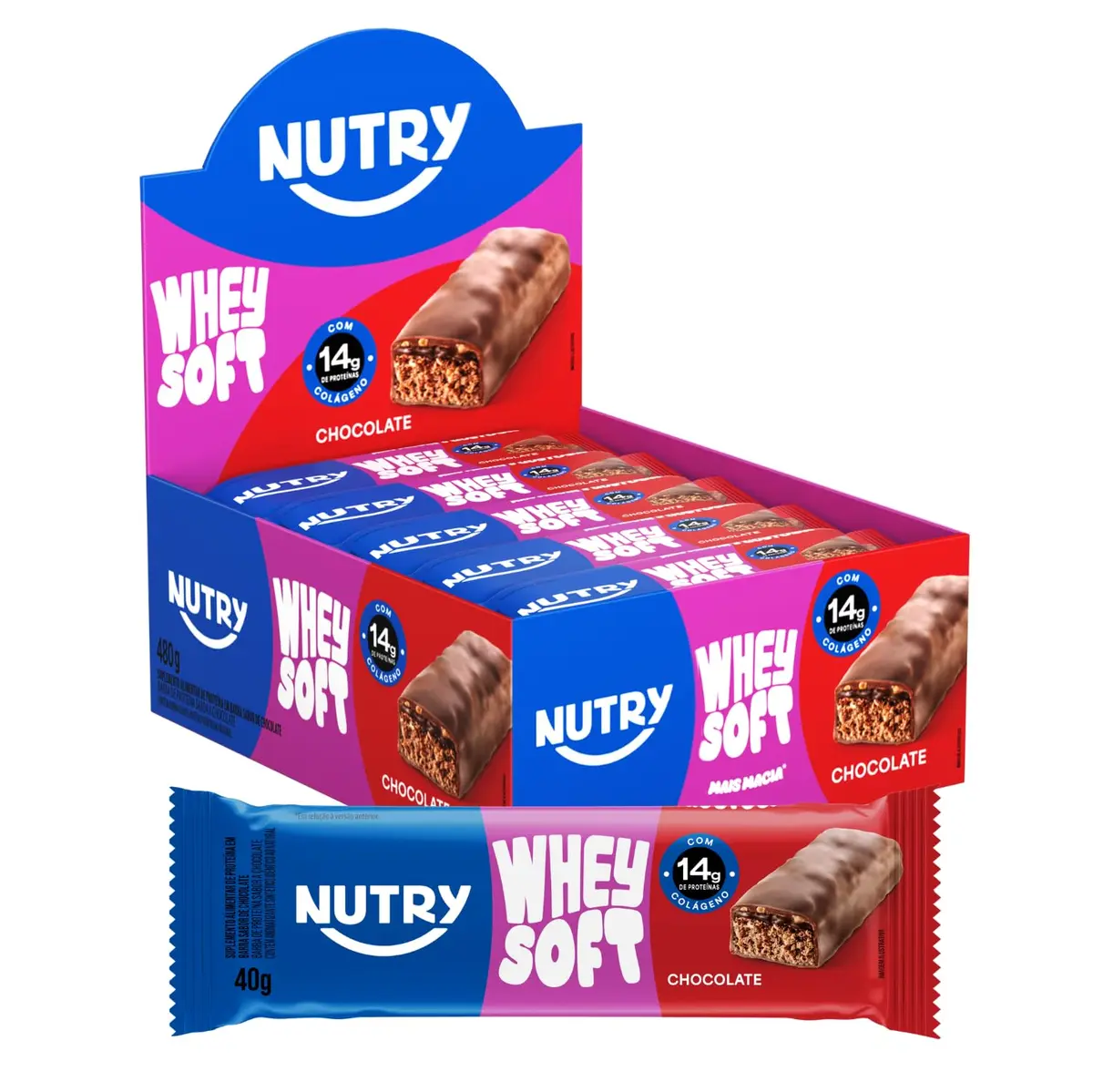 Nutry Barra de Proteínas Whey Soft Chocolate 40g - Display | Com 12 Unidades, 14g de Proteína, Whey, Colágeno e Zero Adição de Açúcares
