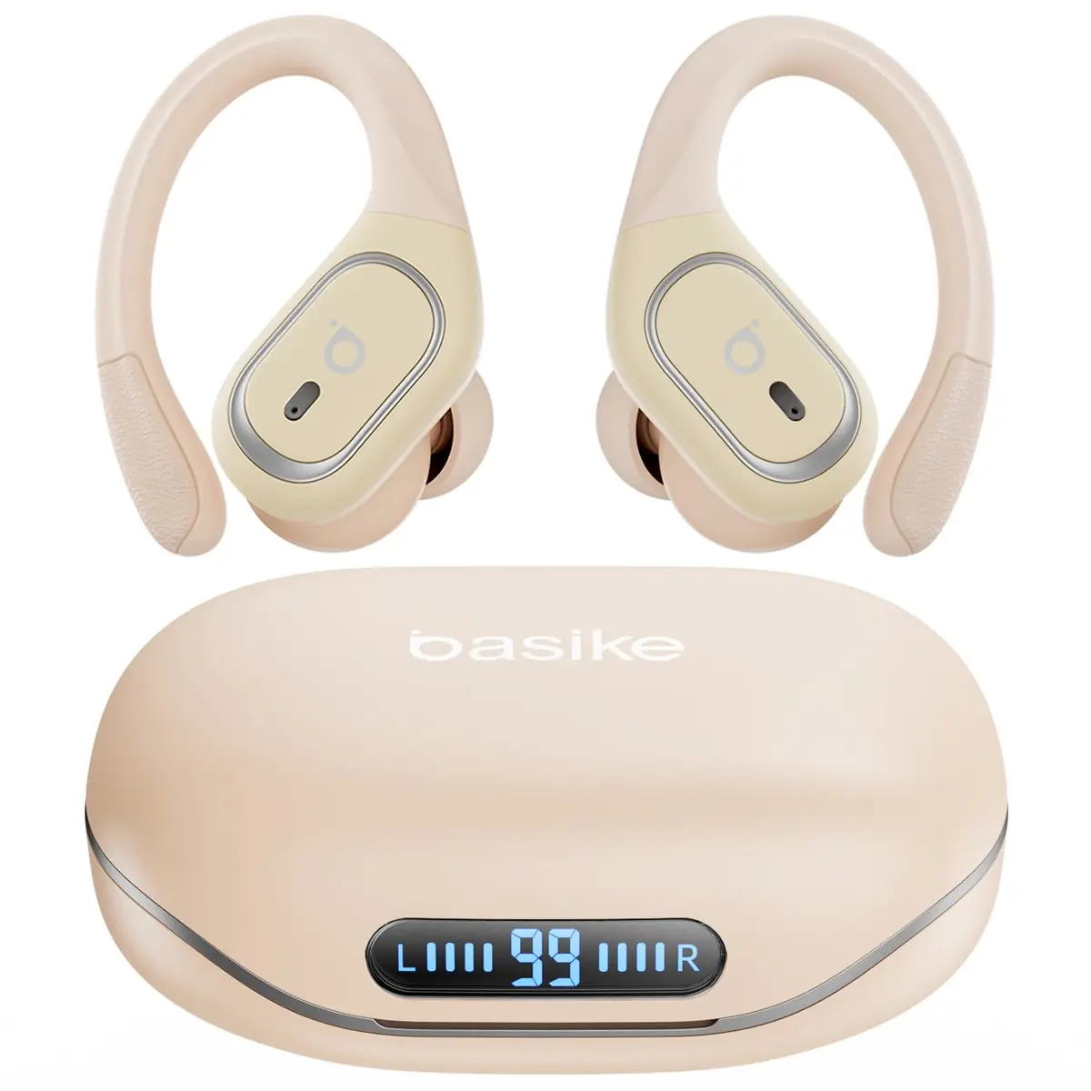 Basike Fone de Ouvido Bluetooth 6.0 Esportivo para Corrida, Intra-Auricular | TWS Som Estéreo Hi-Fi, ENC para Chamadas Claras, Toque Inteligente, IPX5, 40H de Reprodução com Display LED (Bege Claro) - 1