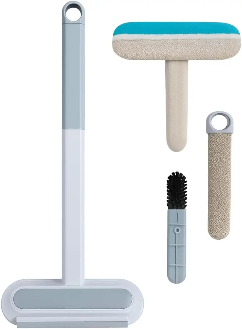 Escova Tira Pelos Pets Multiuso 4 em 1, Rodo de Silicone Limpa Vidros, Removedor de Poeira para Sofá, Tapete, Roupa, Box, Piso, Janela e Carro com Cabo Extensor 45cm