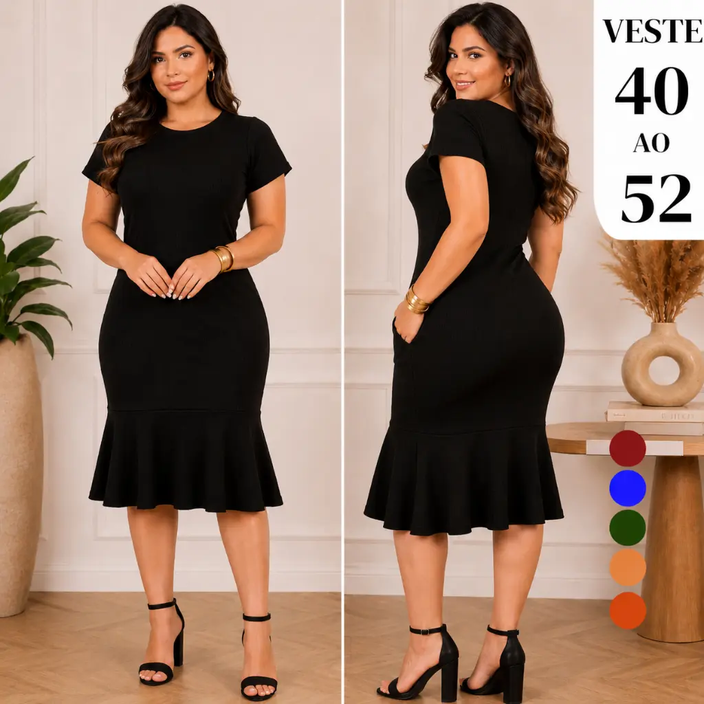 Vestido Feminino Midi Malha Texturizada Elegante Modelo de Babado - 1
