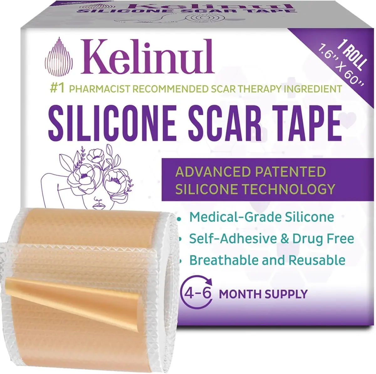 Fita de Silicone para Cicatrizes, Fita de Gel de Silicone Reutilizável, Tiras de Silicone de Grau Médico para Cirurgia, Cesárea, Quelóide, Queimadura e Acne (1,6'' x 60'') - 1