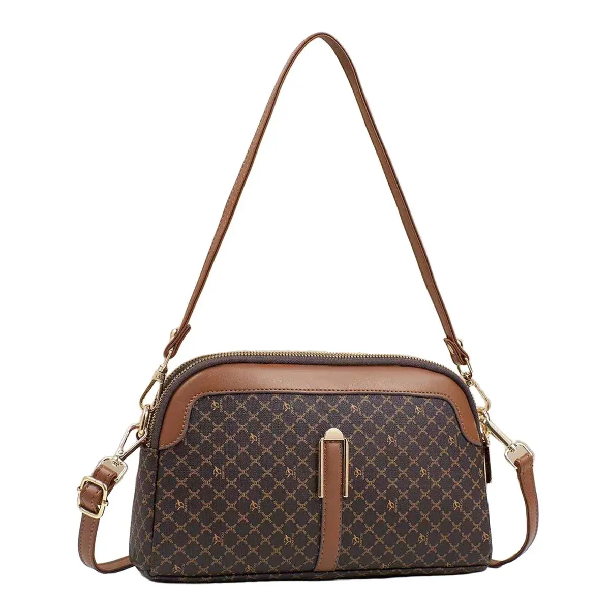 Bolsa De Couro Feminina Média Transversal Crossbody E Ombro Ajustável, Duas Divisões com Zíper, Impermeável