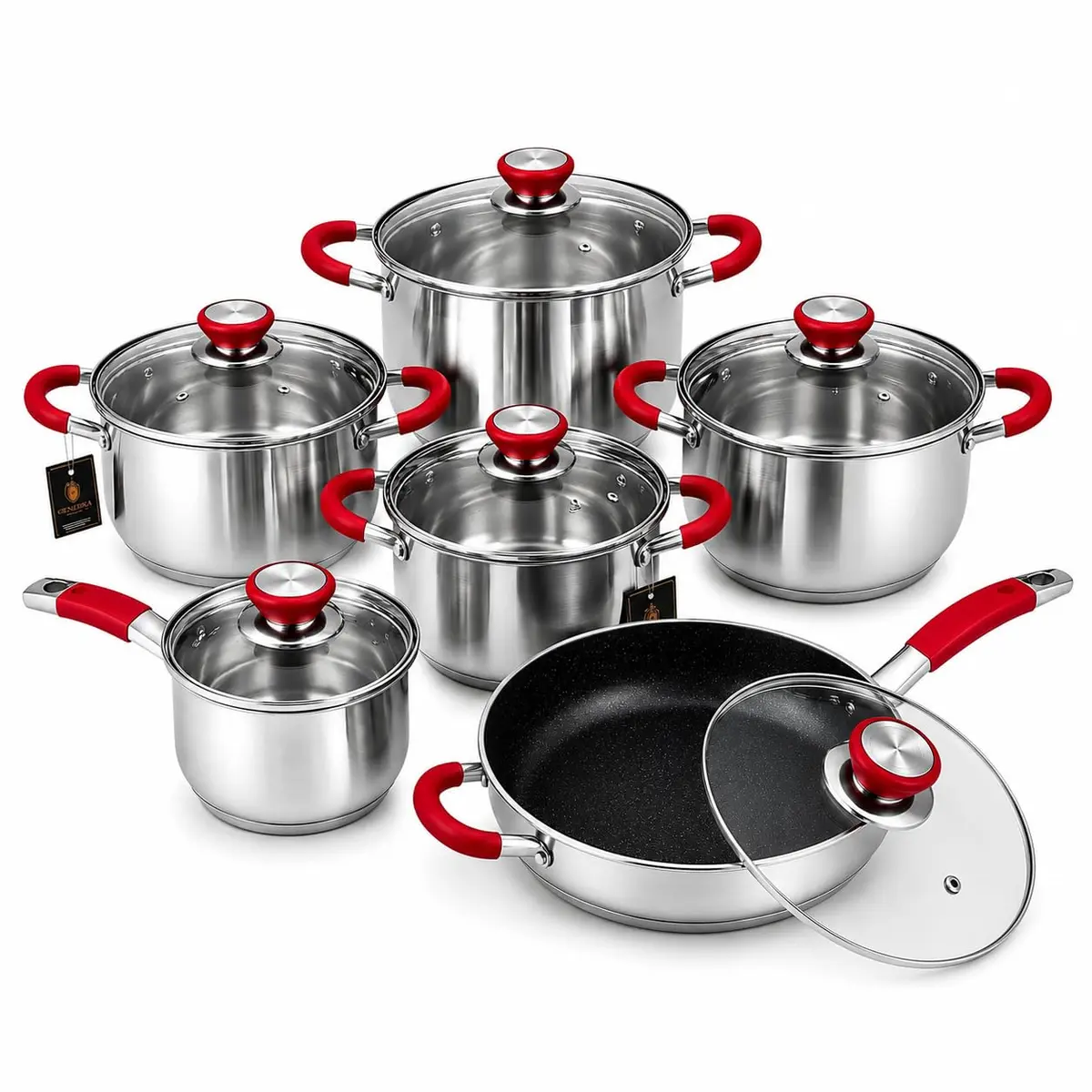 Jogo Panelas Inox 12 Peças Indução Fundo Triplo Com Frigideira Cerâmica Pegadores Silicone Kit Completo