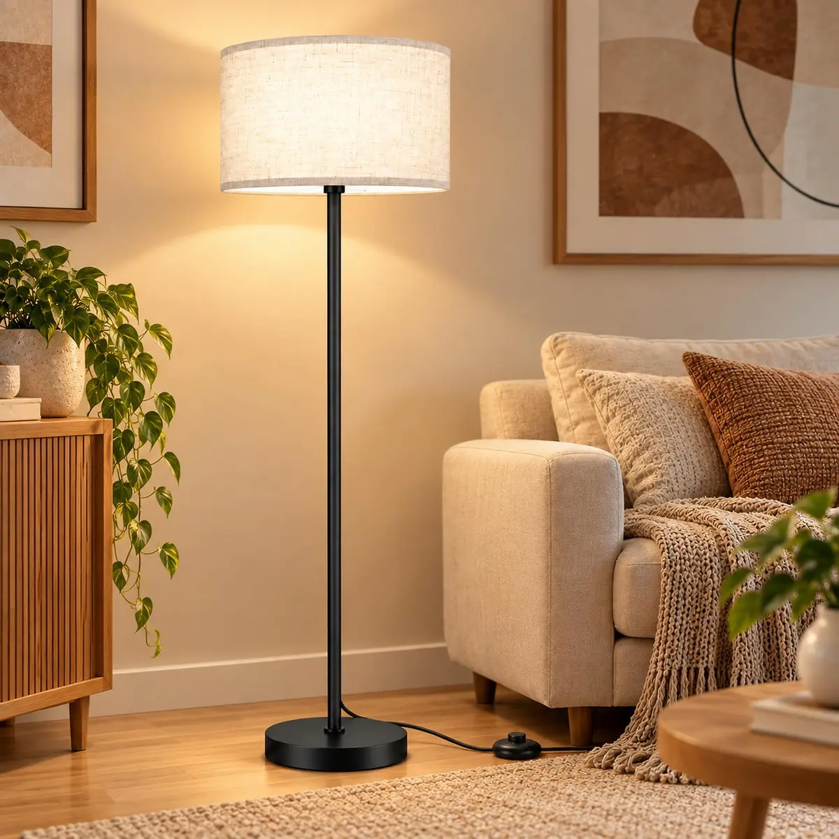 Luminária de Chão E27 12W 3 Cores Abajur para Sala e Quarto | Lâmpada com lâmpada E27 127W, 3 temperaturas, cúpula de linho, 960 lm, base metálica e interruptor de pé.140.5*25*21.5CM