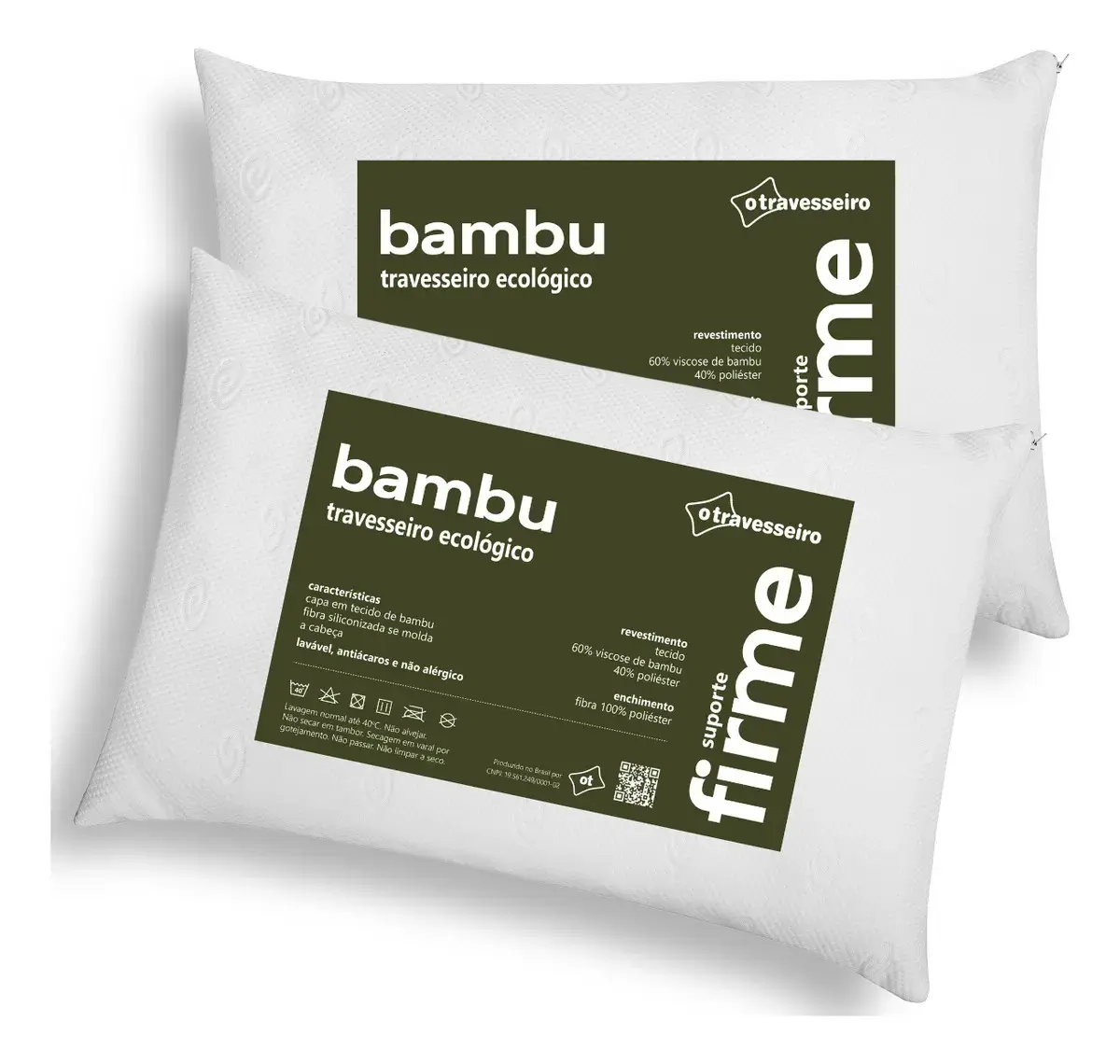 Kit 2 Travesseiros Hotel Bambu Hipoalergênico Antiácaro Antibacteriano Lavável Com Zíper Fibra De Poliéster 50x70 O Travesseiro