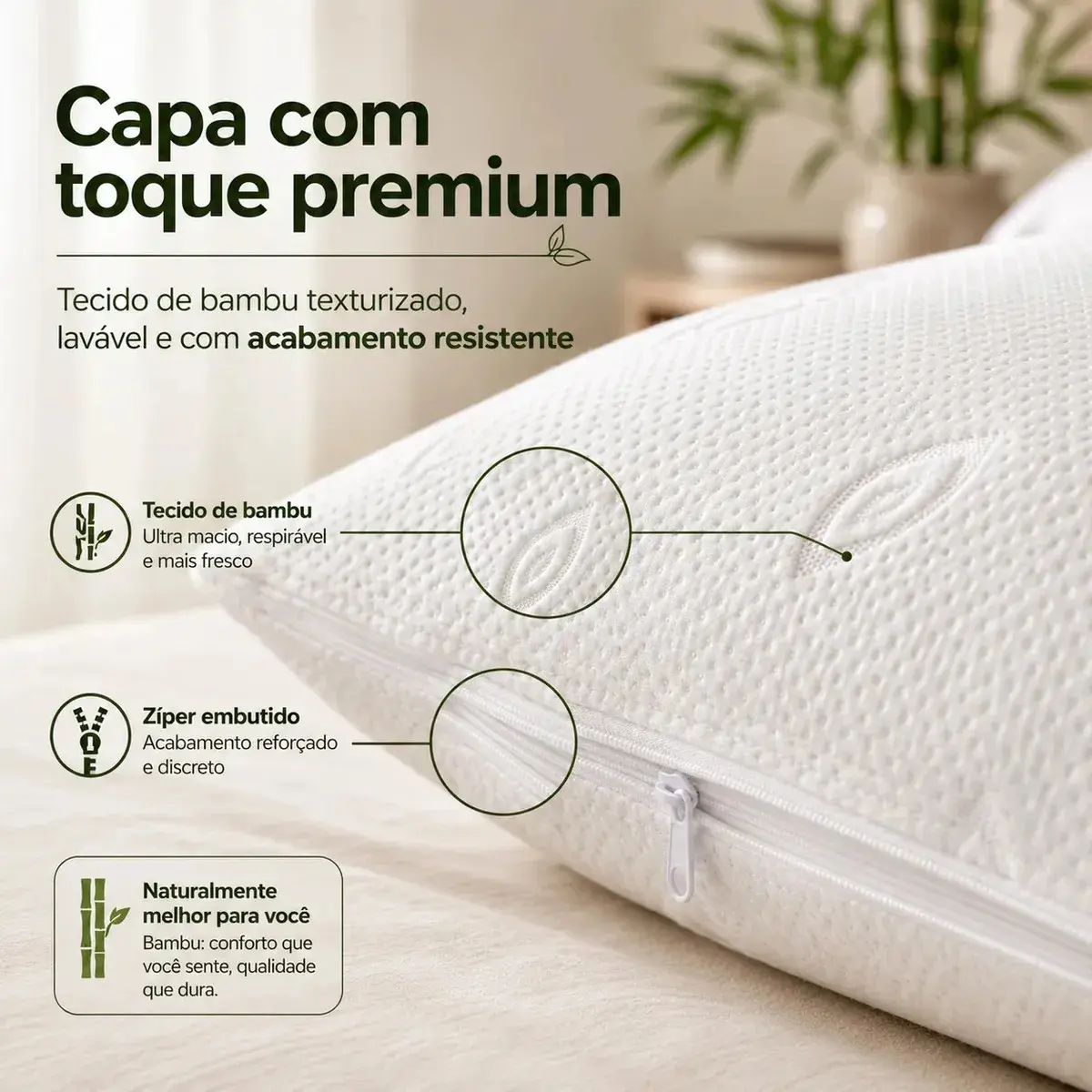 Kit 2 Travesseiros Hotel Bambu Hipoalergênico Antiácaro Antibacteriano Lavável Com Zíper Fibra De Poliéster 50x70 O Travesseiro thumbnail 2