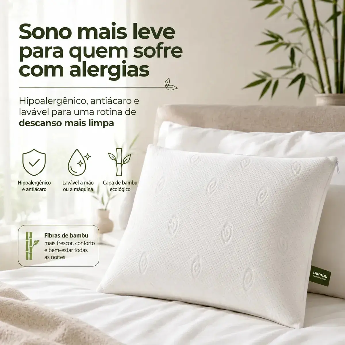 Kit 2 Travesseiros Hotel Bambu Hipoalergênico Antiácaro Antibacteriano Lavável Com Zíper Fibra De Poliéster 50x70 O Travesseiro thumbnail 7