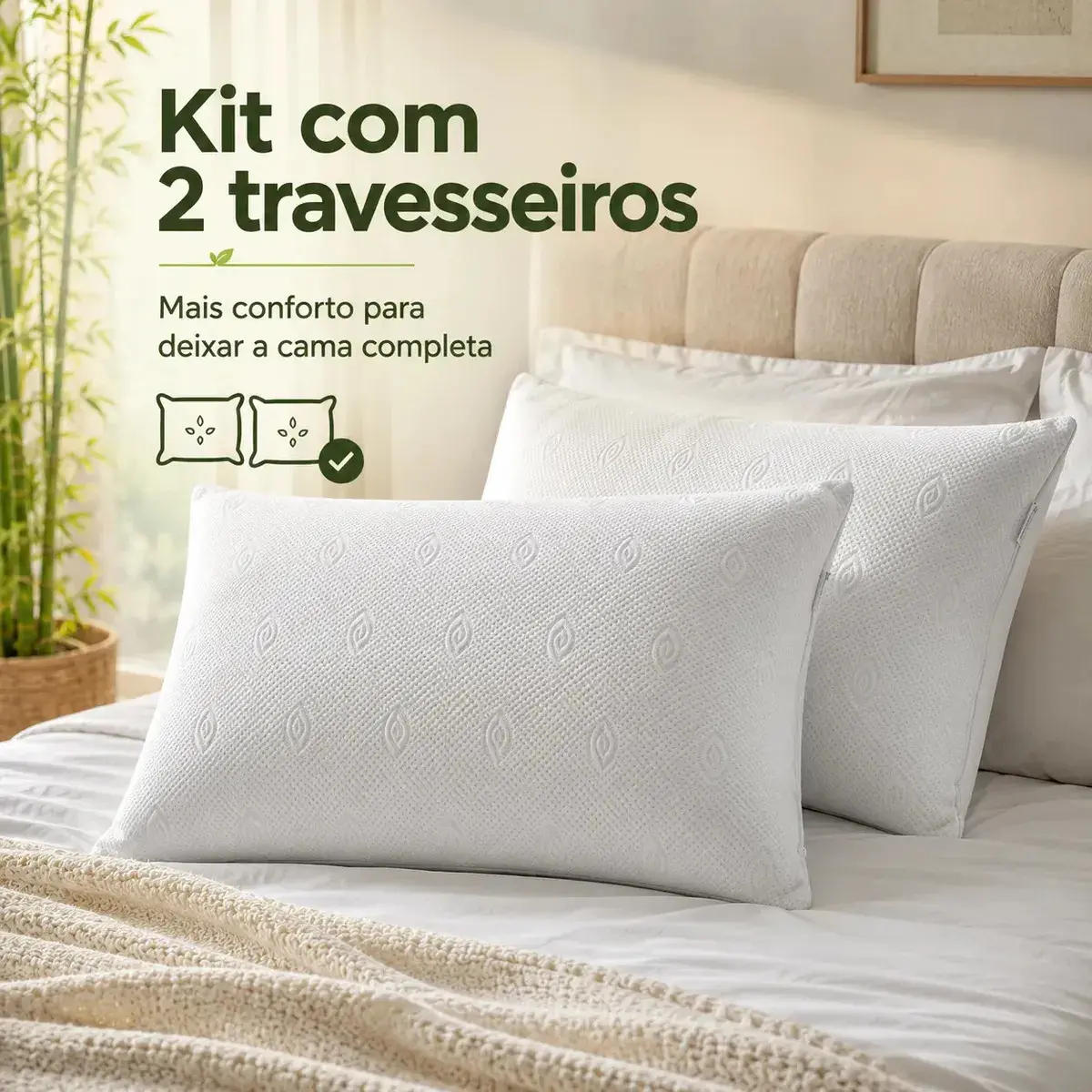 Kit 2 Travesseiros Hotel Bambu Hipoalergênico Antiácaro Antibacteriano Lavável Com Zíper Fibra De Poliéster 50x70 O Travesseiro thumbnail 9