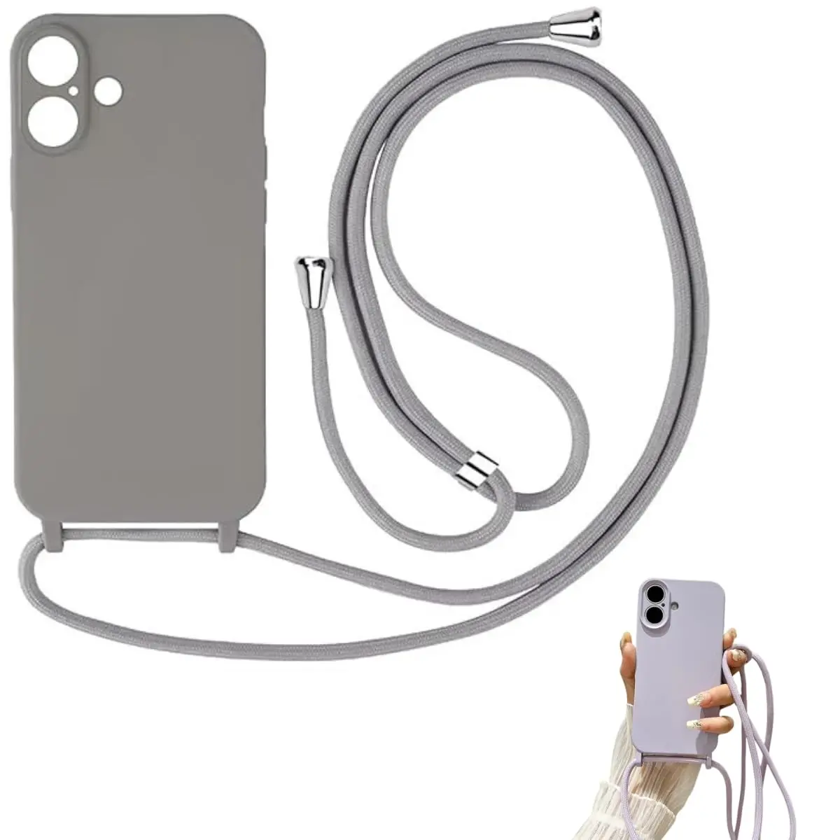 Capinha de Silicone com Cordão Alça Compátivel com iPhone 16 (Cinza)
