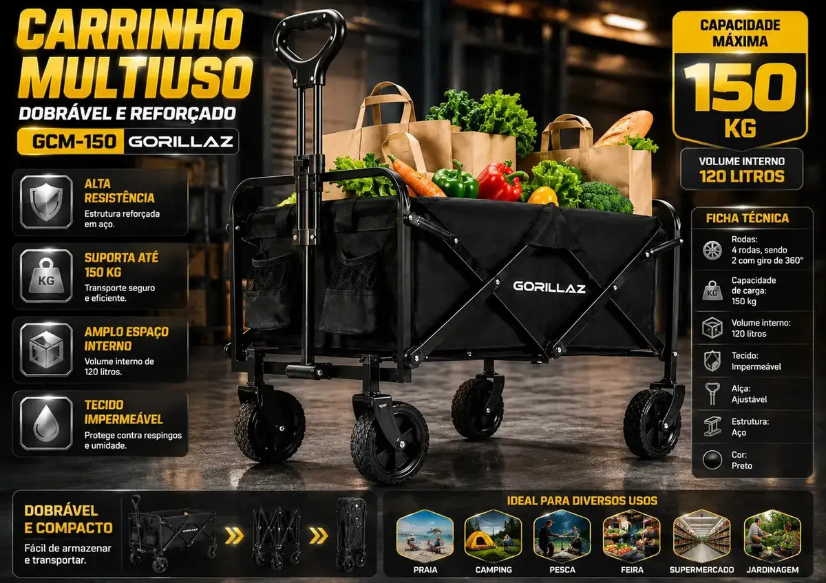 Carrinho Multiuso 150kg Dobrável Portátil Reforçado Praia Camping Feira Pesca GCM-150 Gorillaz thumbnail 5