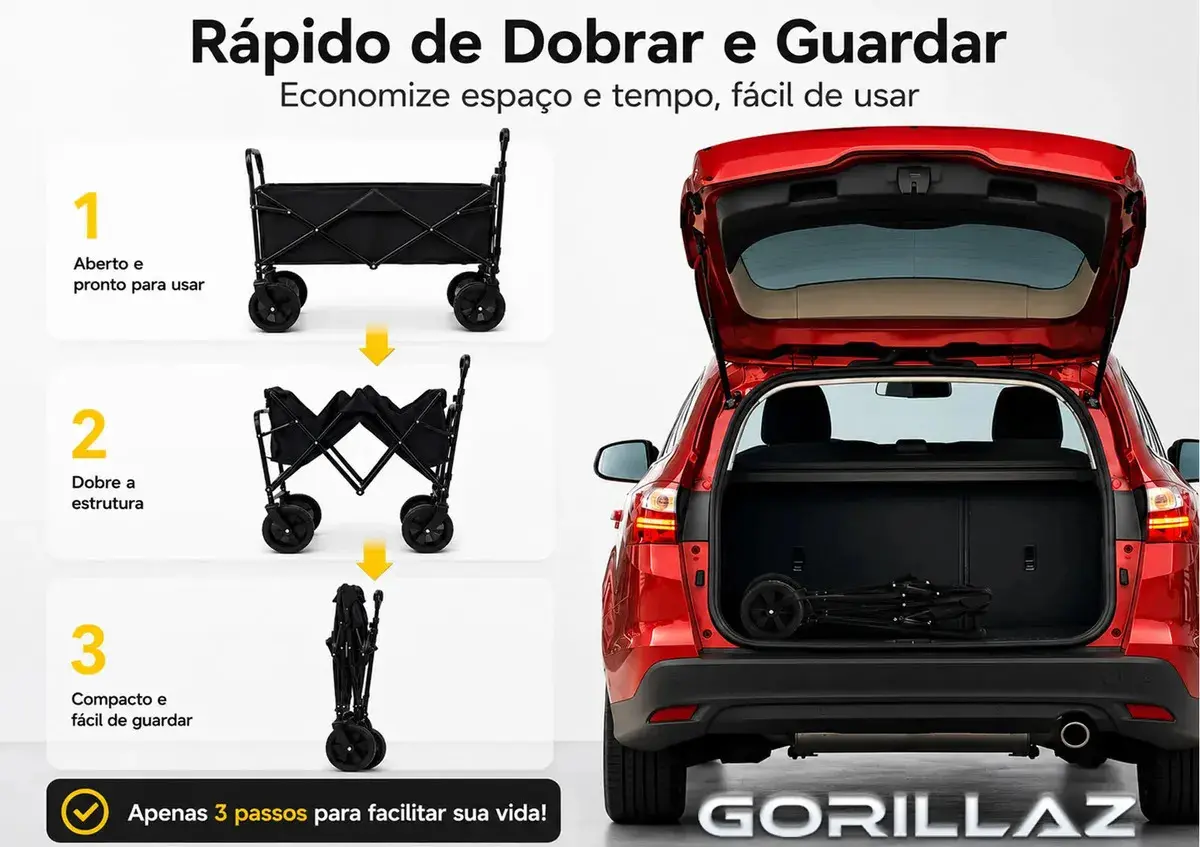 Carrinho Multiuso 150kg Dobrável Portátil Reforçado Praia Camping Feira Pesca GCM-150 Gorillaz thumbnail 8