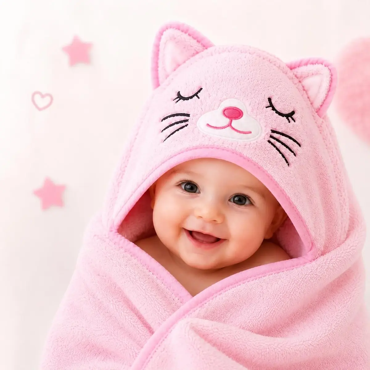Toalha com Capuz para Bebê, Urso Polar (Rosa) | Capuz com Orelhinhas, Rosto Bordado, Macia e Felpuda, Para Recém-Nascidos, Envoltório Pós-Banho