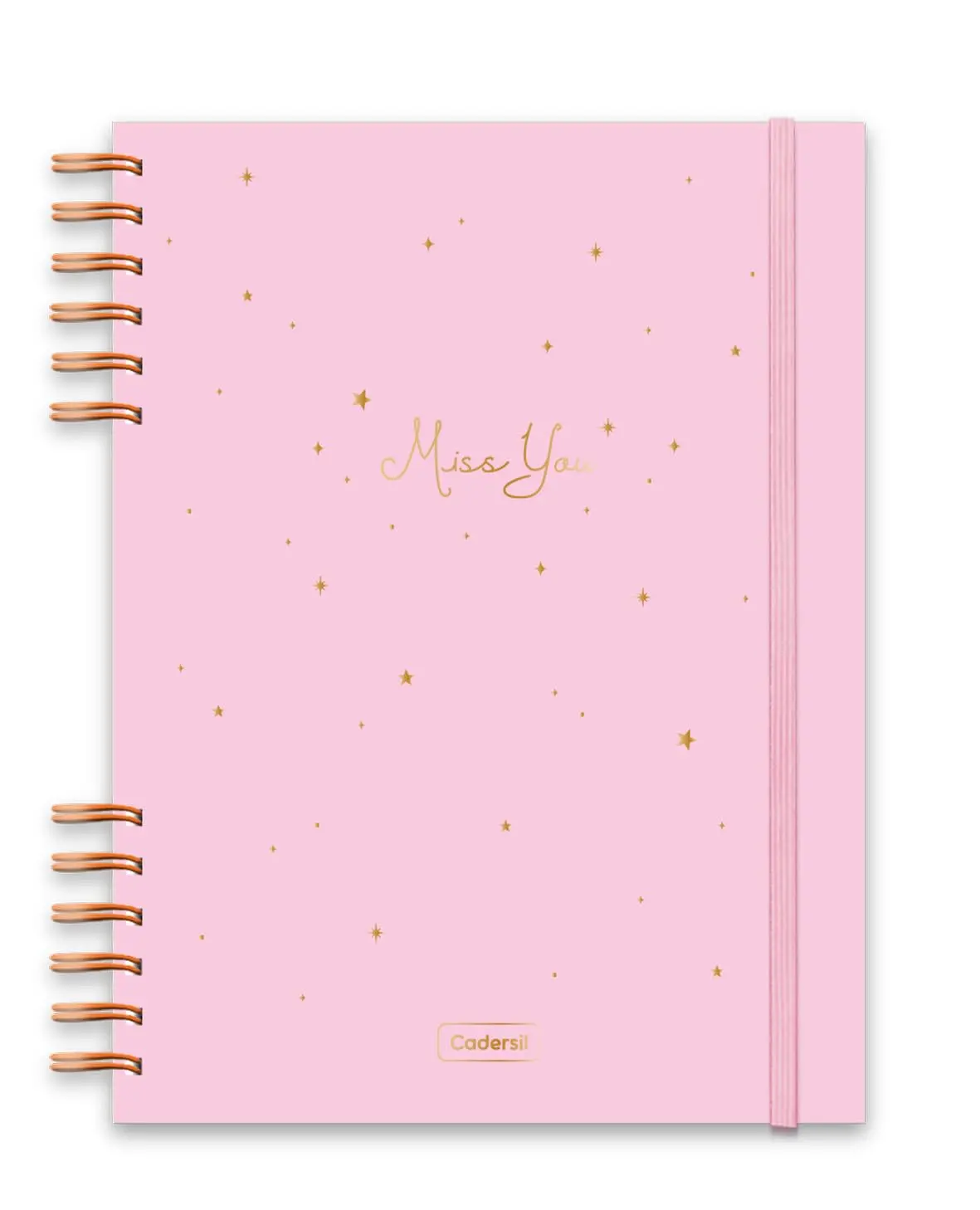 Caderno Colegial Criativo Cadersil 1/8 Com Elástico e Wire-o Estampa Miss You Rosa – 80 Folhas – Capa Dura com Hot Stamping Dourado – Miolo Pautado - Ideal para Anotações Criativas e do Dia a Dia