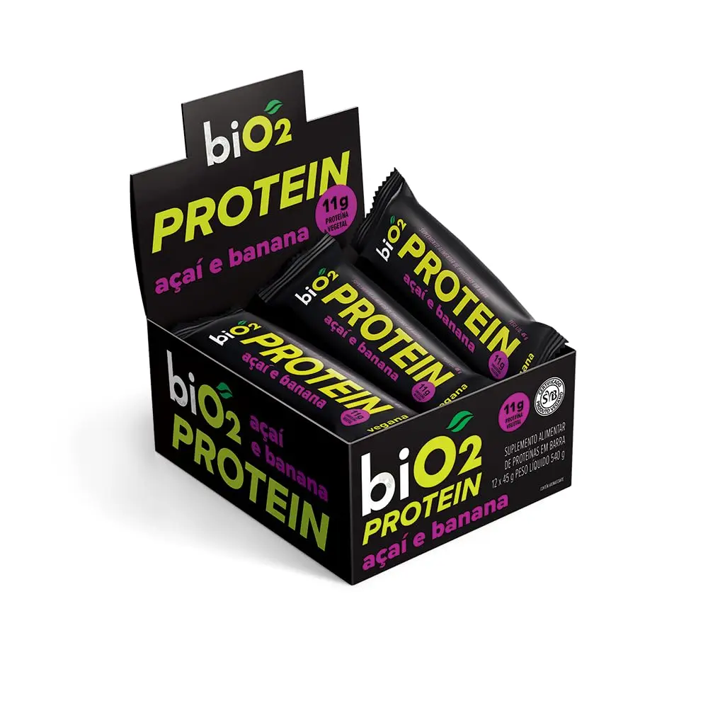 Barra de Proteína biO2 Protein Açaí, Banana e Pasta de Amendoim, Caixa com 12 unidades de 45 g, Vegana e sem Glúten