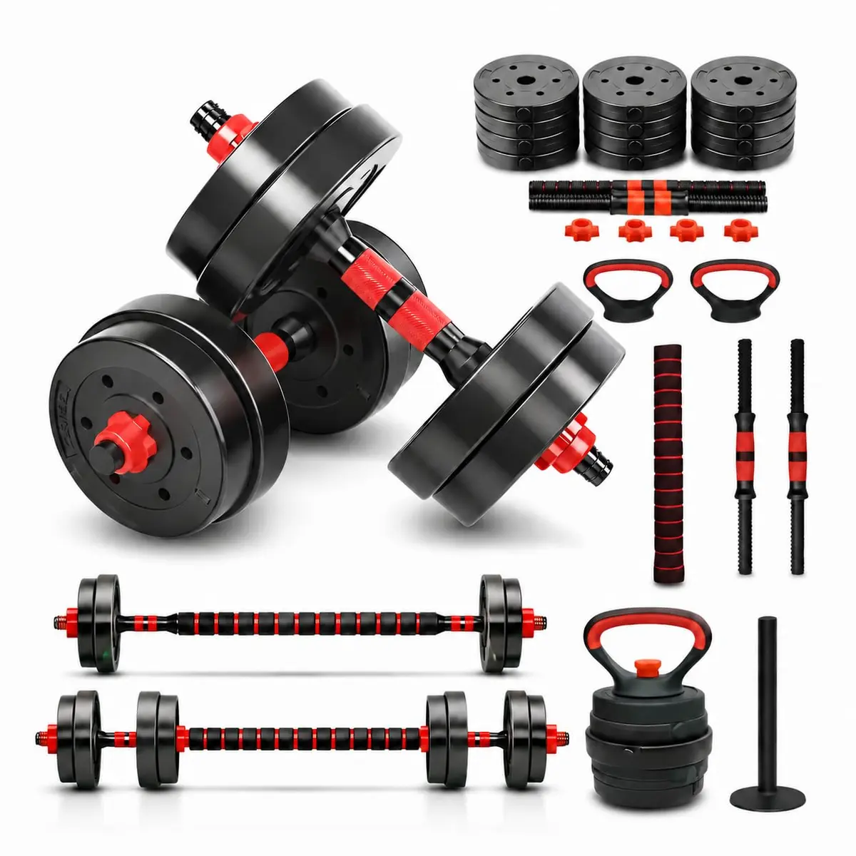 Kit Halteres e barra 6 em 1 - Dumbell Ajustável para Musculação - 20 kg - Multifuncional com Barra e Kettlebell