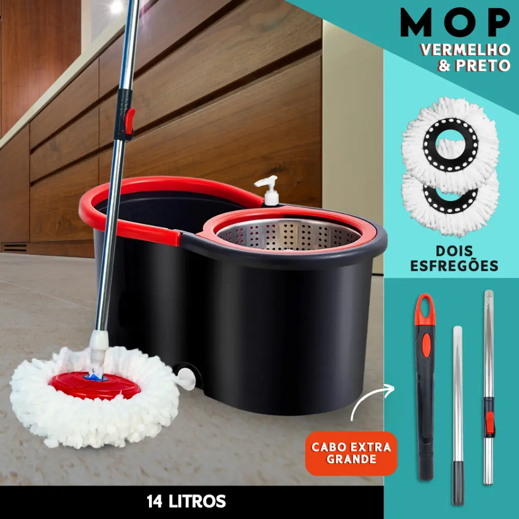 Mop Giratorio Com cabo de 140 cm Cesto Em Inox - Balde Centrífuga - C/2 Refil | Bnvt - 1