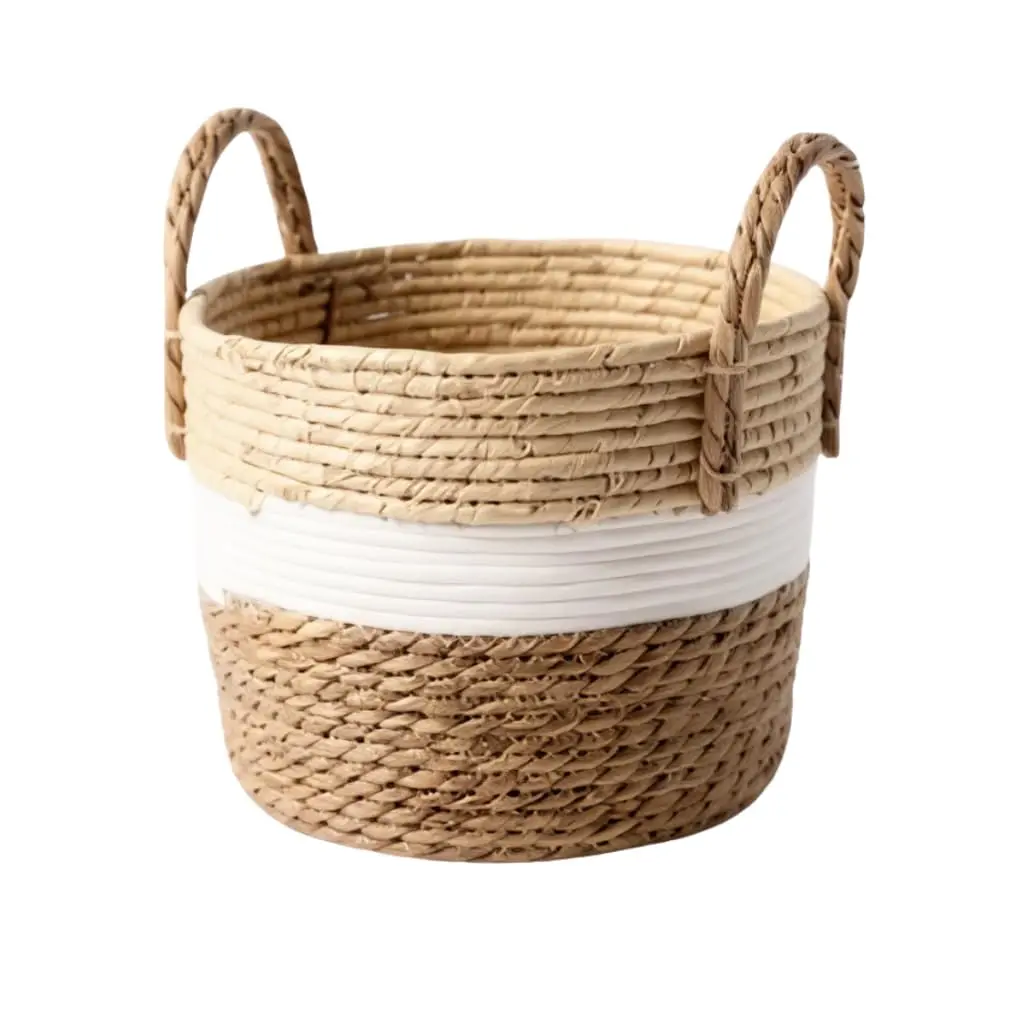 Cesta em Fibra Natural G - 4 x 30 | Cesta artesanal com alças reforçadas e proteção plástica removível para decorar plantas ou organizar objetos.