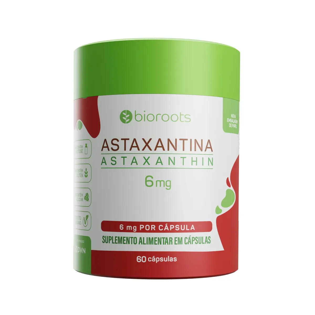 Astaxantina 6mg, Bioroots, Vegana Antioxidante - 60 Cápsulas | Astaxantina 6mg da microalga Haematococcus pluvialis, antioxidante natural, 100% vegana, sem lactose, glúten e transgênicos