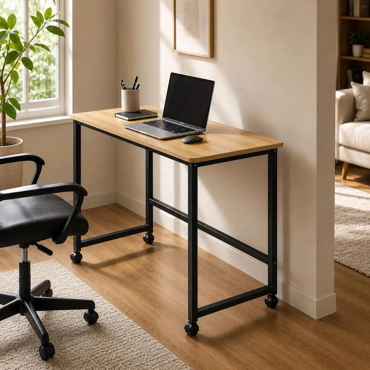 Mesa para Computador Dobrável com Rodas, Mesa de Escritório e Estudo, Mesa para Notebook e Home Office, 80x40x70 cm, Tampo em MDF e Estrutura de Ferro, Fácil de Mover e Guardar