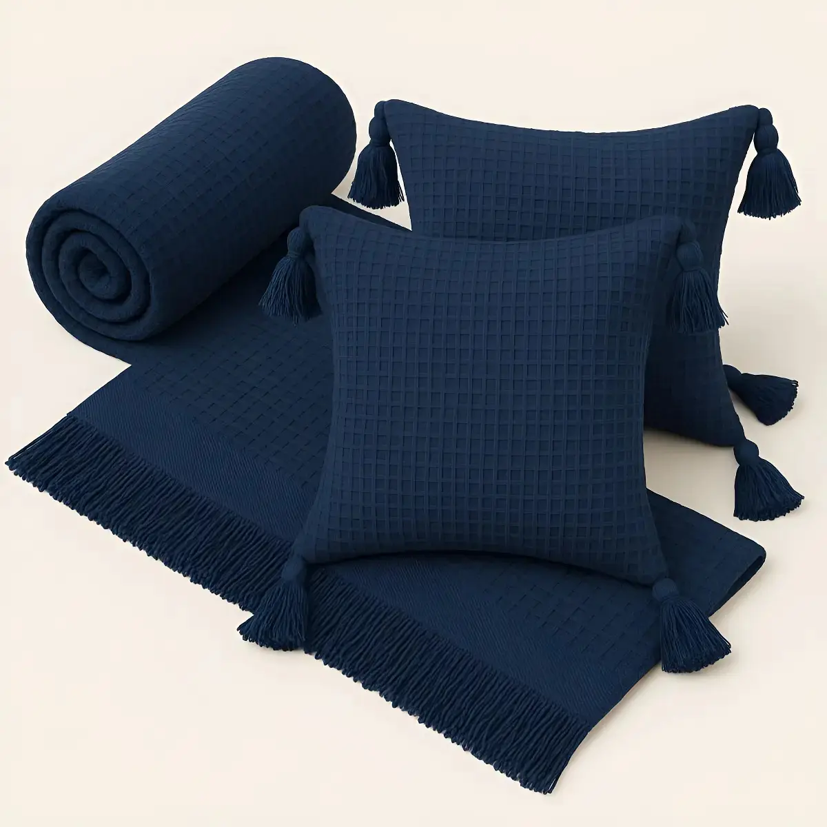 Kit Manta Para Sofá Viena + 2 Capas De Almofada 45x45 Algodão Premium Cor Azul Marinho - 1