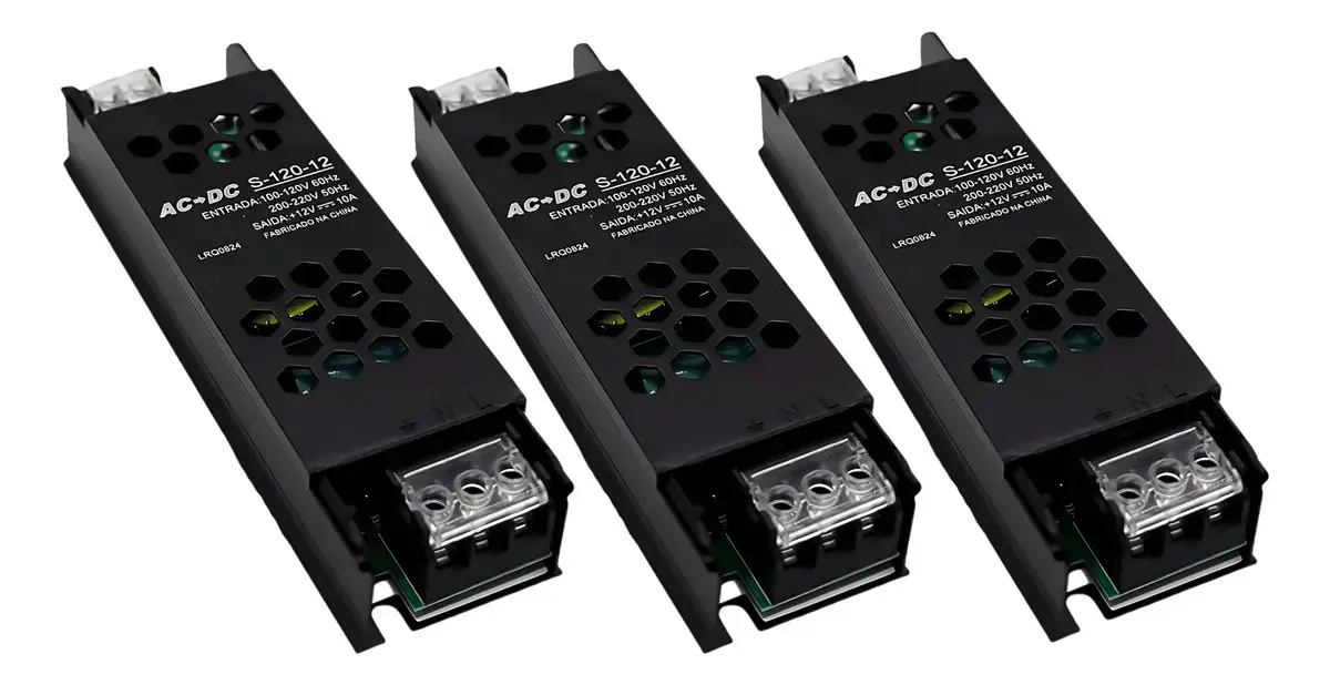Kit 3 Fonte Chaveada Slim 12v 10a 120w P/ Cftv Fita Led Som Preta LUZTUDO