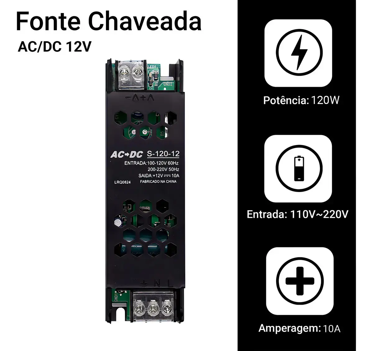 Kit 3 Fonte Chaveada Slim 12v 10a 120w P/ Cftv Fita Led Som Preta LUZTUDO thumbnail 4