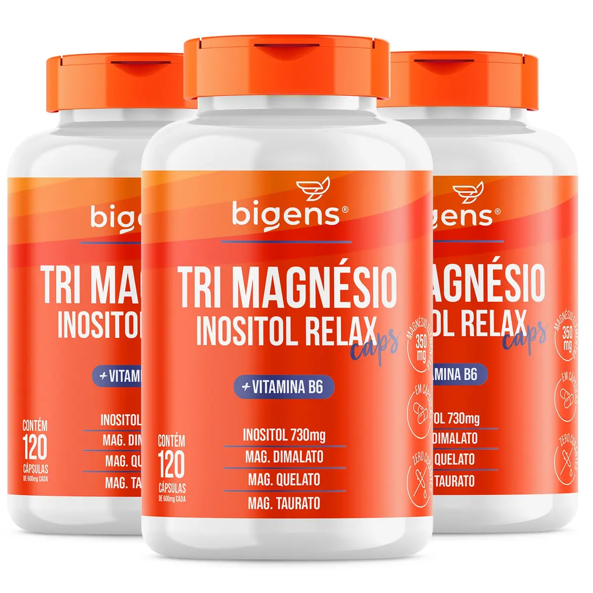 Bigens Tri Magnésio (Dimalato, Quelato e Taurato) com Inositol, Vitamina B6, 120 Cápsulas, Kit 3