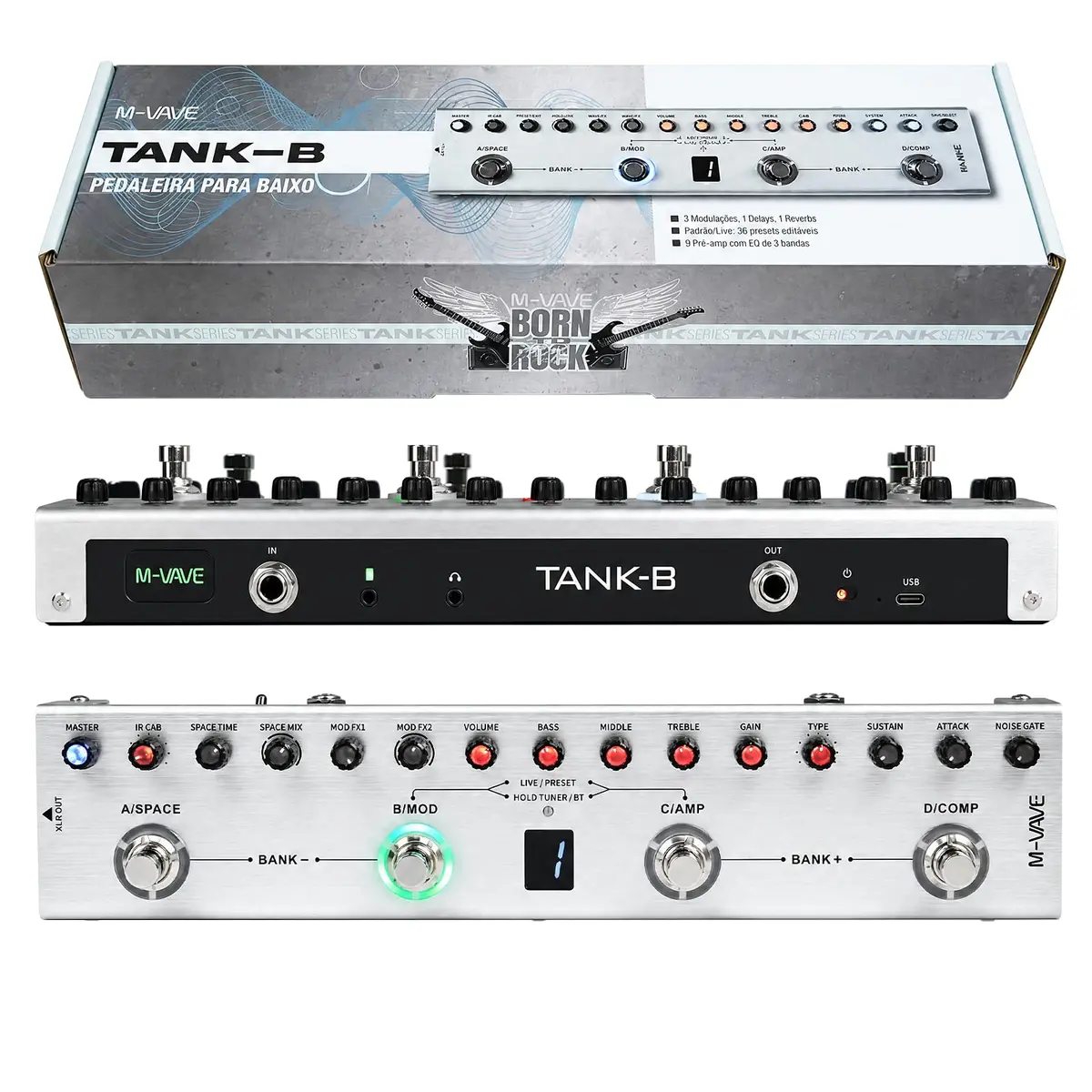 VEDO M-VAVE TANK-B Pedal Multiefeitos Para Baixo, BT, Recarregável, 36 Presets, 3 efeitos de modulação, Simulador de Amplificador, IR Cab, Gravação em Celular - Efeito Portátil para Estúdio Palco