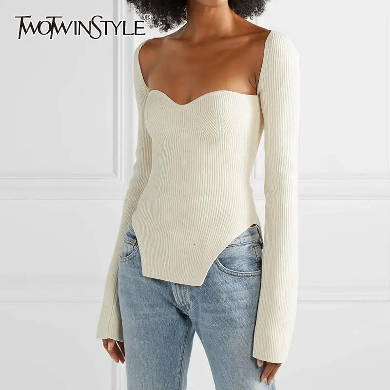 Twotwinstyle branco lado dividido camisola de malha feminina gola quadrada manga longa blusas femininas outono moda novas roupas 2022