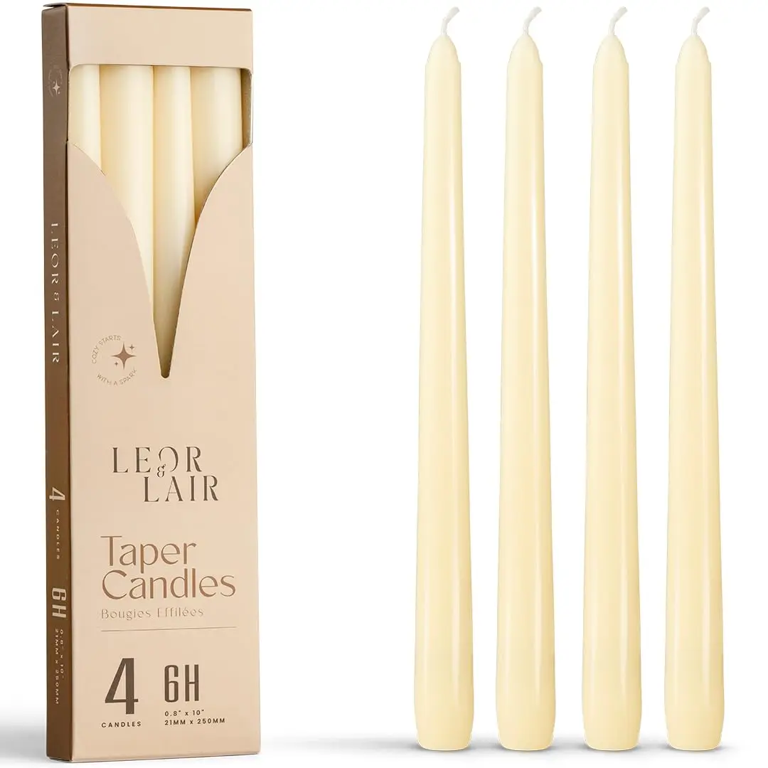 Leor & Lair Velas cônicas marfim – Pacote com 4 castiçais marfim de 25,4 cm – Bastões de vela creme sem perfume para decoração de casa, mesas de férias, casamentos, restaurantes e eventos de negócios
