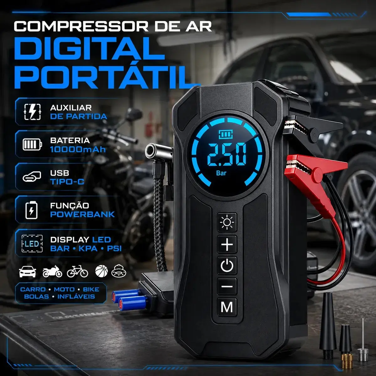 Mini Compressor De Ar Portátil Bateria Emergência Ignição Automotiva Potente Preto Compacto - 1
