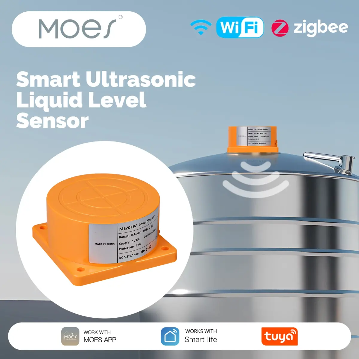  MOES WiFi/ZigBee Detector ultrassônico de nível de água - Monitor de tanque inteligente com alarmes em tempo real, controle remoto por aplicativo Tuya