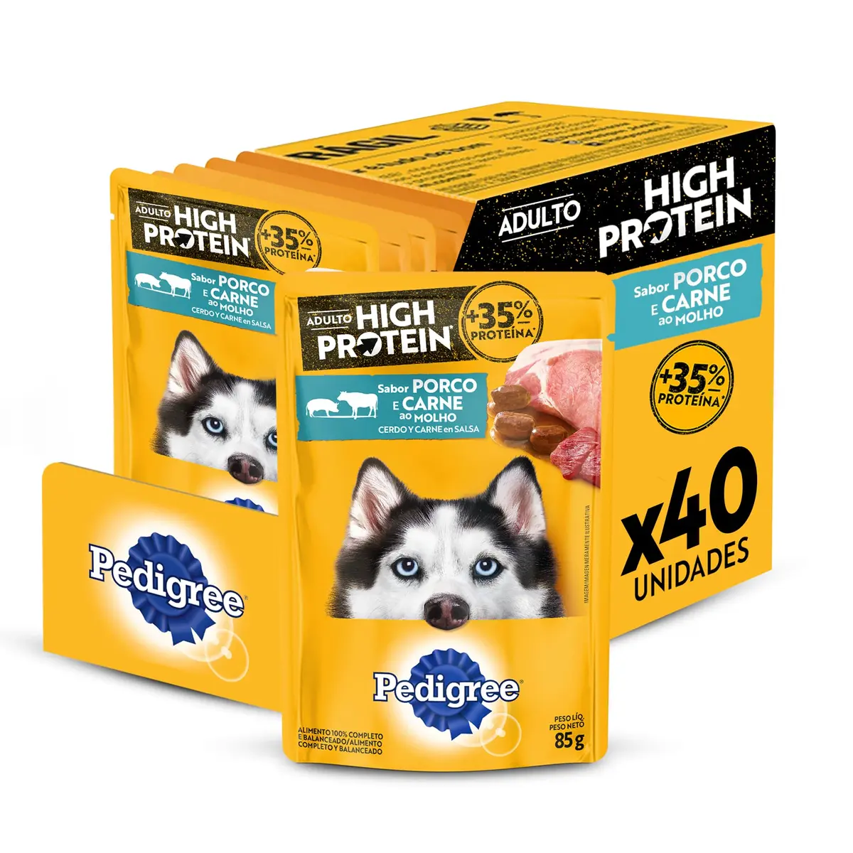 Pack Ração Úmida Pedigree Sachê High Protein Cães Adultos Porco e Carne Ao Molho 85 g - 40 unidades - 1