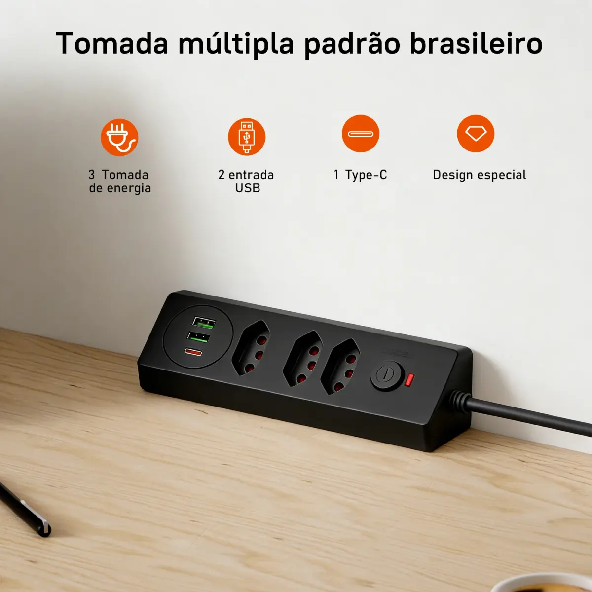 Tomada Múltipla Padrão Brasileiro 3 Tomadas + 2USB + Type-C, Extensão Elétrica, Filtro de Linha, Extensão Tomada, Coibeu - 1