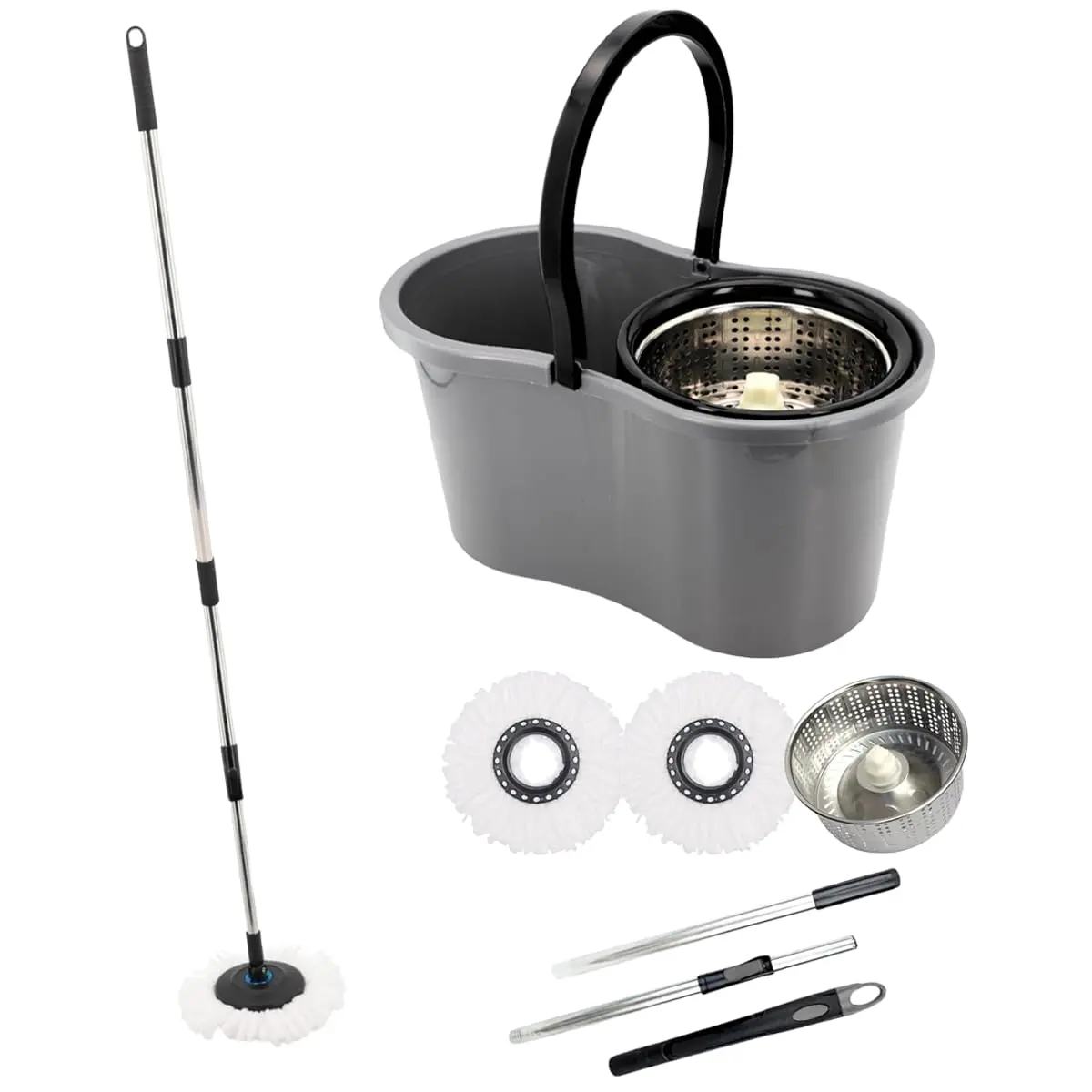 Mop com Balde Giratório Cesto em Inox, 9 Litros com 2 Refis de Microfibra | Esfregão para Limpeza Lava e Seca - 1
